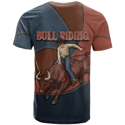Bull Riding T-Shirt Western Cowboy Denim And Leather Effect Graphic Tee