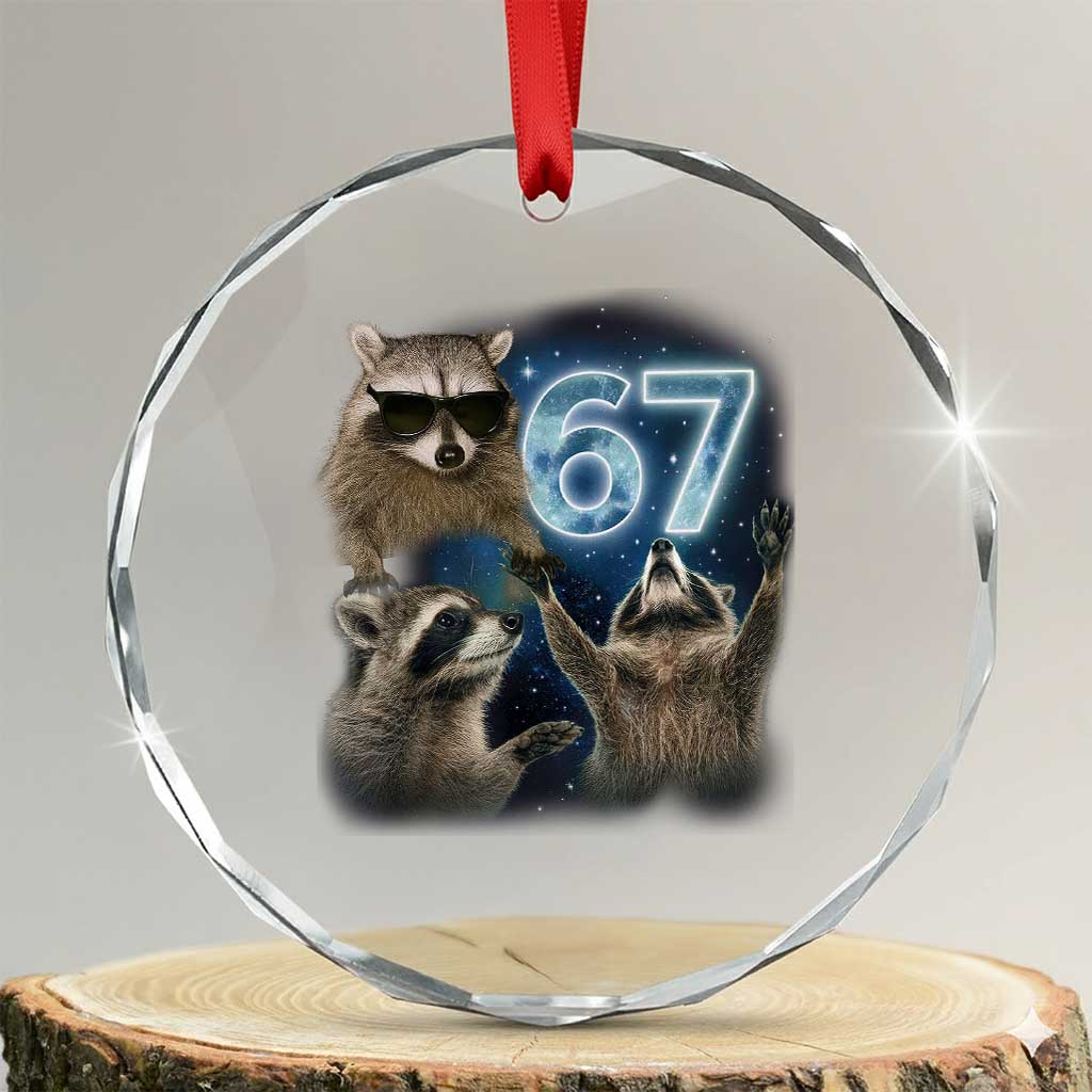 Funny 67 Raccoon Meme Crystal Glass Ornament Howling at The Moon Funny Six Seven Weird Cursed - Transparent Glass - 3'' Circle