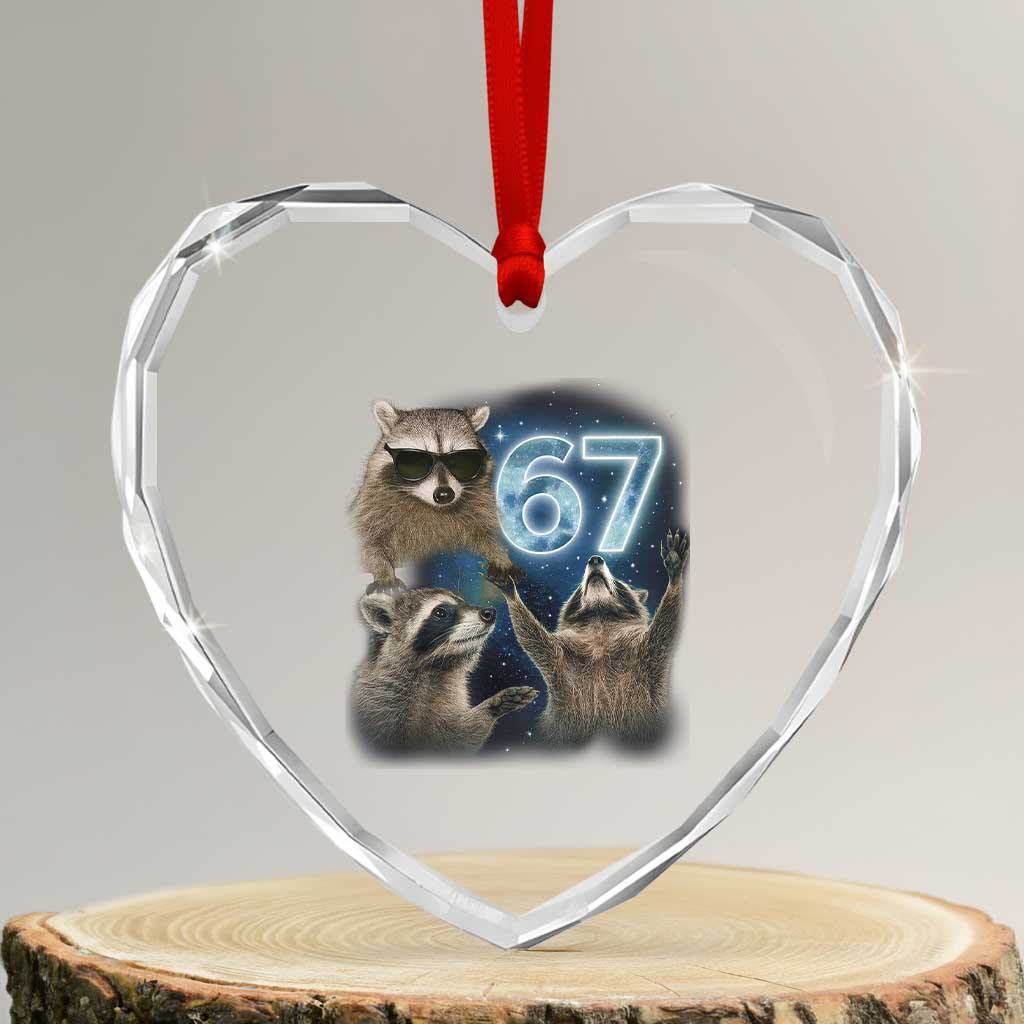 Funny 67 Raccoon Meme Heart Crystal Glass Ornament Howling at The Moon Funny Six Seven Weird Cursed - Transparent Glass - 3'' Heart