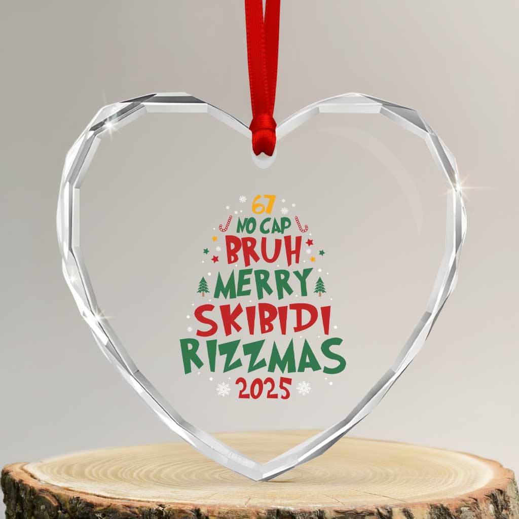 Funny 67 Meme Heart Crystal Glass Ornament - Six Seven Bruh Christmas Tree Decor, Gen Alpha Slang - Transparent Glass - 3'' Heart