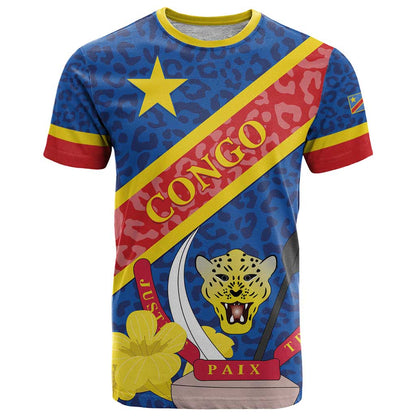 Congo DR T-Shirt Coat Of Arms Leopard Pattern Graphic Tee