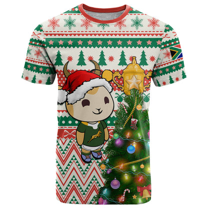 Personalised South Africa Rugby Christmas T-Shirt Cute Springbok With Christmas Tree Graphic Tee