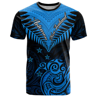 Personalised New Zealand T-Shirt Aotearoa Blue Maori Kiwi Blue Fern Graphic Tee