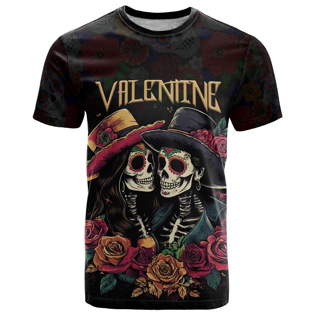 Personalised Sugar Skull Couple Valentine T-Shirt Roses Romantic Love Graphic Tee