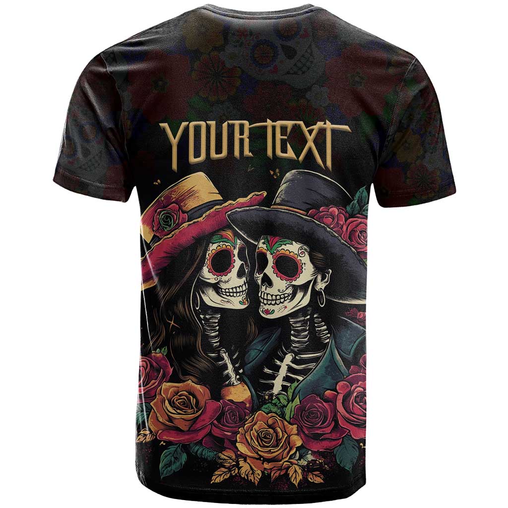 Personalised Sugar Skull Couple Valentine T-Shirt Roses Romantic Love Graphic Tee