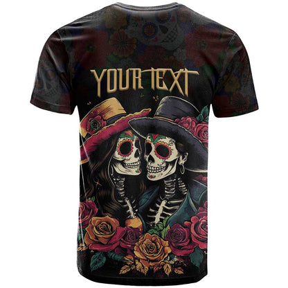 Personalised Sugar Skull Couple Valentine T-Shirt Roses Romantic Love Graphic Tee