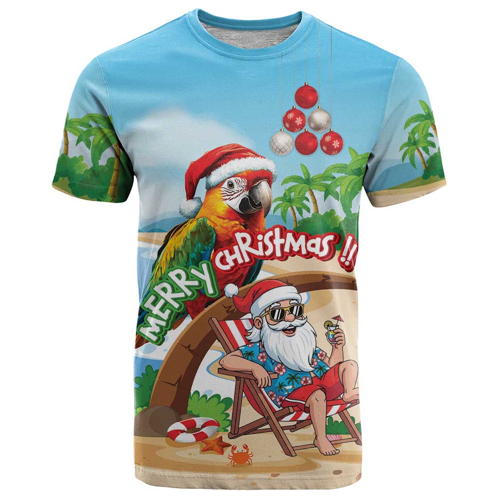 Personalized Hawaii Santa Parrot Christmas T-Shirt Summer Vibe Graphic Tee