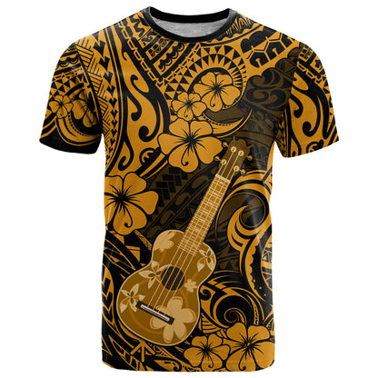 Hawaii Ukulele T-Shirt Polynesian Pattern Gold Version Graphic Tee