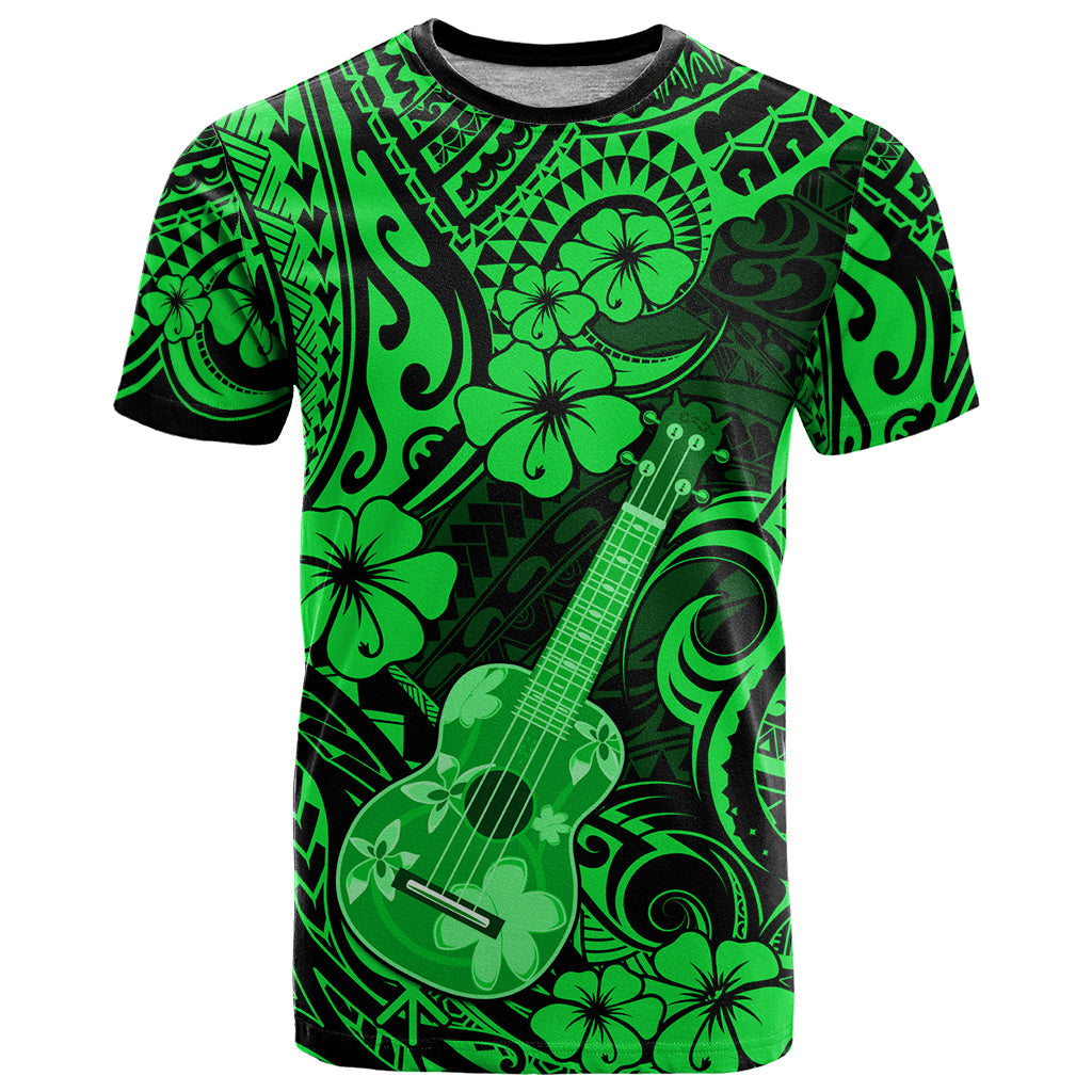 Hawaii Ukulele T-Shirt Polynesian Pattern Green Version Graphic Tee