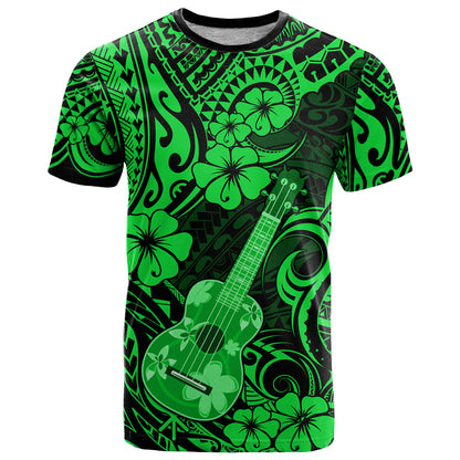 Hawaii Ukulele T-Shirt Polynesian Pattern Green Version Graphic Tee