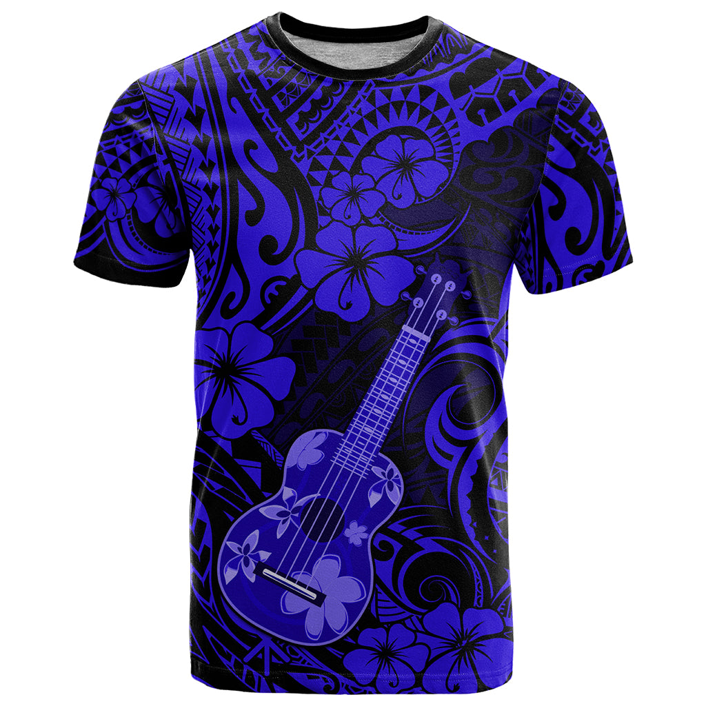 Hawaii Ukulele T-Shirt Polynesian Pattern Navy Blue Version Graphic Tee