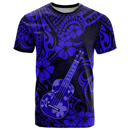 Hawaii Ukulele T-Shirt Polynesian Pattern Navy Blue Version Graphic Tee