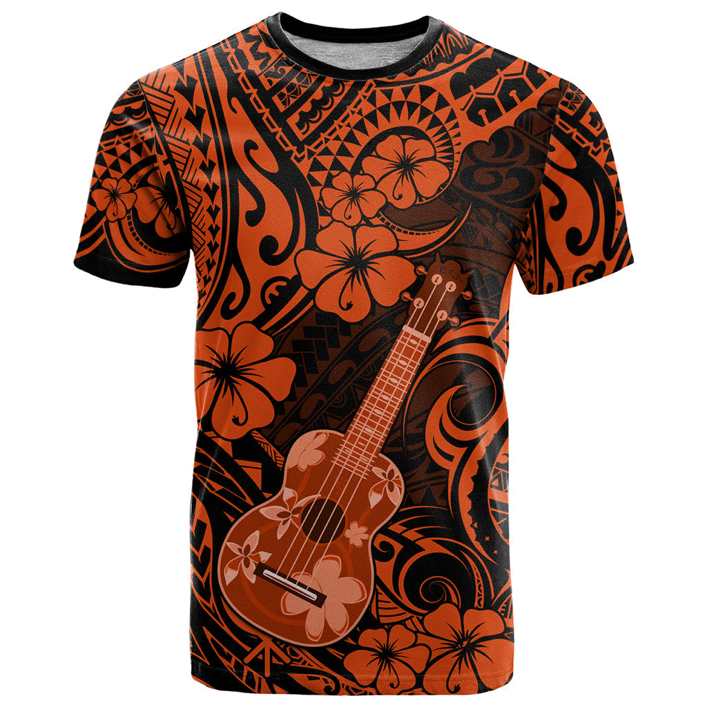Hawaii Ukulele T-Shirt Polynesian Pattern Orange Version Graphic Tee