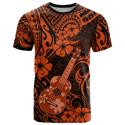 Hawaii Ukulele T-Shirt Polynesian Pattern Orange Version Graphic Tee