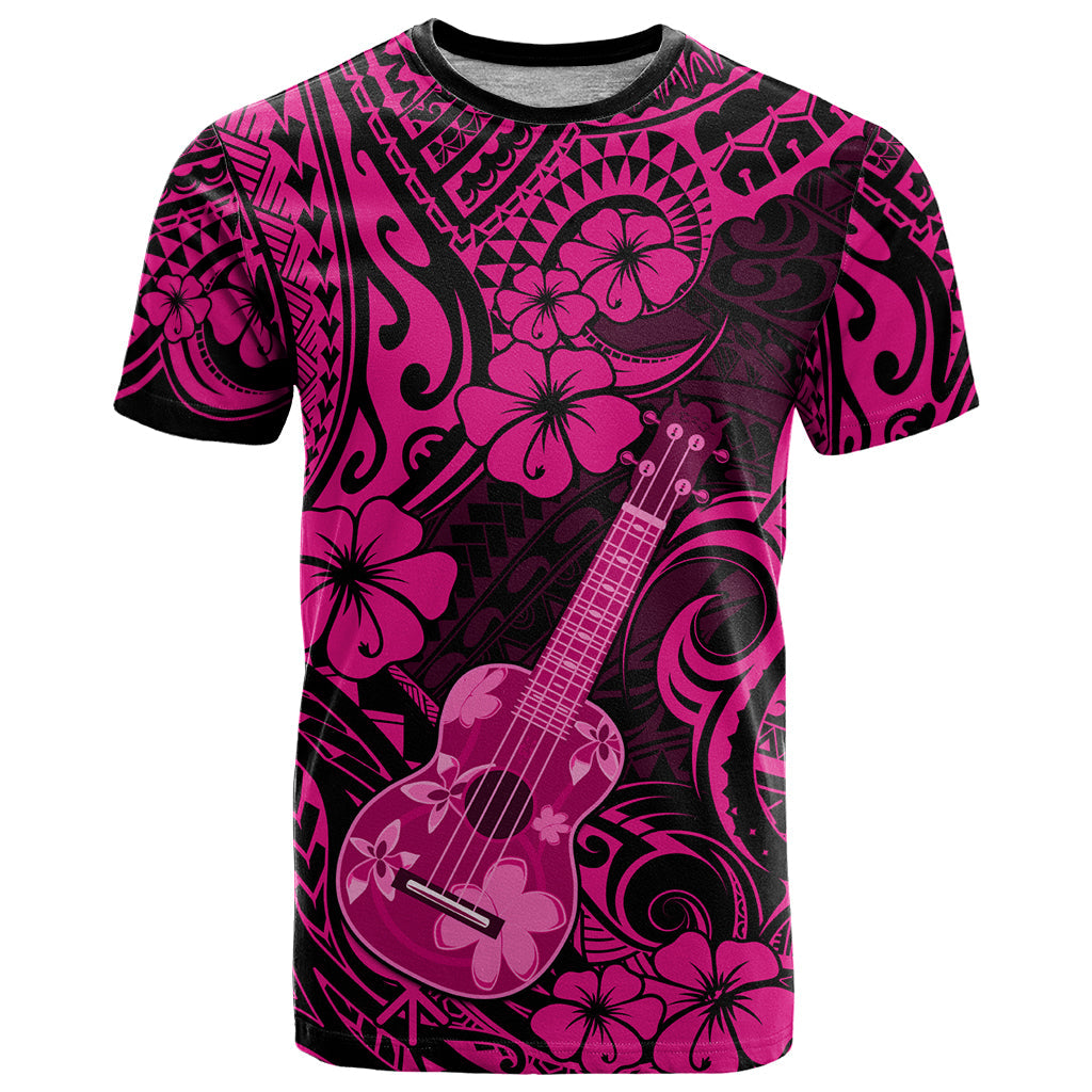 Hawaii Ukulele T-Shirt Polynesian Pattern Pink Version Graphic Tee