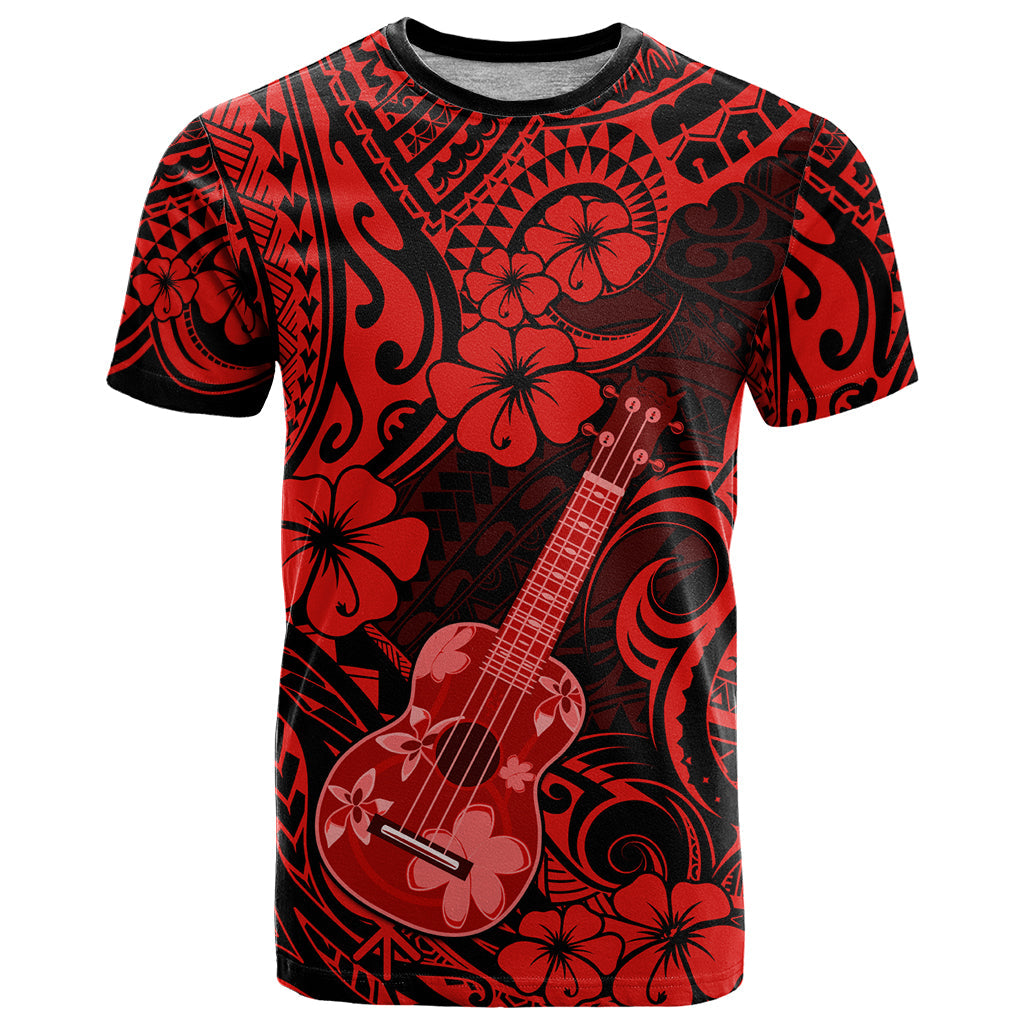 Hawaii Ukulele T-Shirt Polynesian Pattern Red Version Graphic Tee