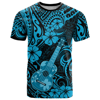 Hawaii Ukulele T-Shirt Polynesian Pattern Sky Blue Version Graphic Tee