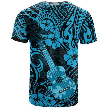 Hawaii Ukulele T-Shirt Polynesian Pattern Sky Blue Version Graphic Tee