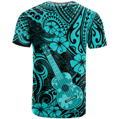 Hawaii Ukulele T-Shirt Polynesian Pattern Turquoise Version Graphic Tee