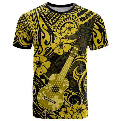 Hawaii Ukulele T-Shirt Polynesian Pattern Yellow Version Graphic Tee