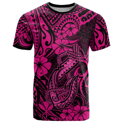 Hawaii Fish Hook T-Shirt Hibiscus Hawaii Tribal Tattoo Pink Version Graphic Tee