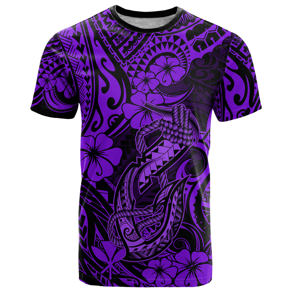 Hawaii Fish Hook T-Shirt Hibiscus Hawaii Tribal Tattoo Purple Version Graphic Tee