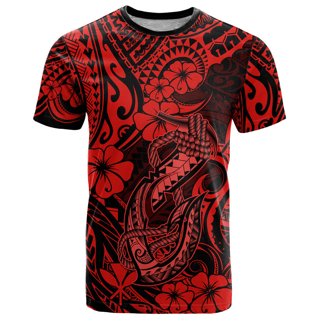Hawaii Fish Hook T-Shirt Hibiscus Hawaii Tribal Tattoo Red Version Graphic Tee