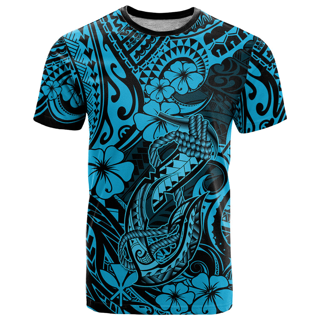 Hawaii Fish Hook T-Shirt Hibiscus Hawaii Tribal Tattoo Sky Blue Version Graphic Tee