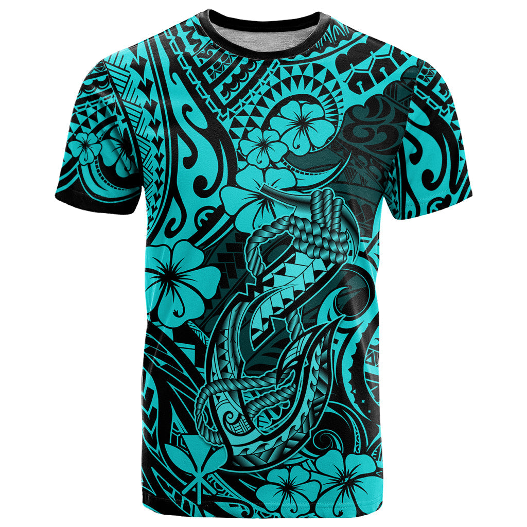 Hawaii Fish Hook T-Shirt Hibiscus Hawaii Tribal Tattoo Turquoise Version Graphic Tee