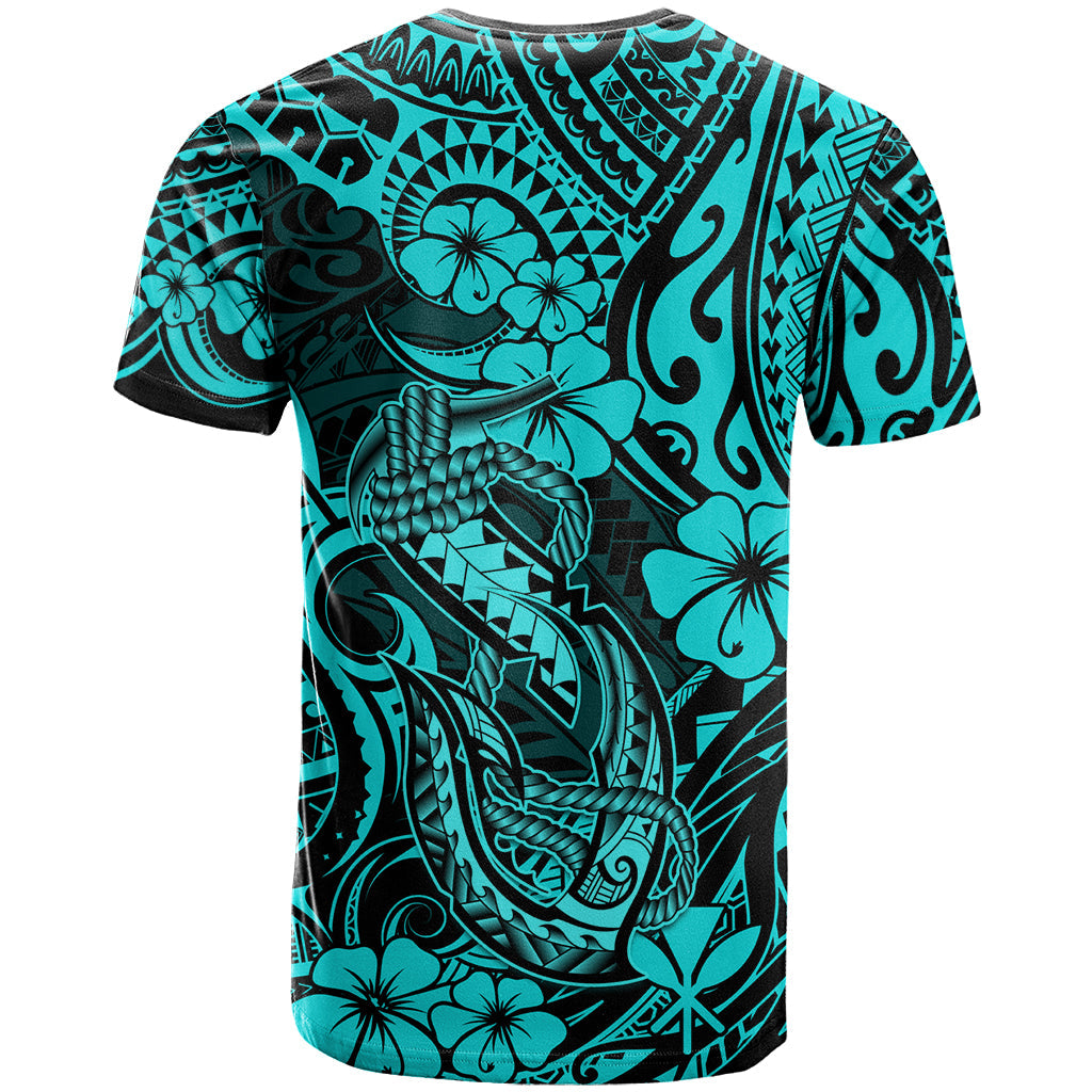 Hawaii Fish Hook T-Shirt Hibiscus Hawaii Tribal Tattoo Turquoise Version Graphic Tee