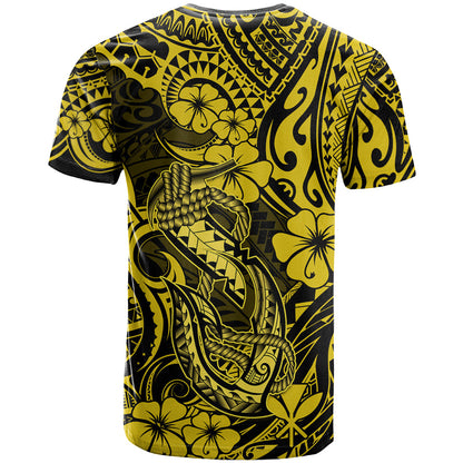 Hawaii Fish Hook T-Shirt Hibiscus Hawaii Tribal Tattoo Yellow Version Graphic Tee