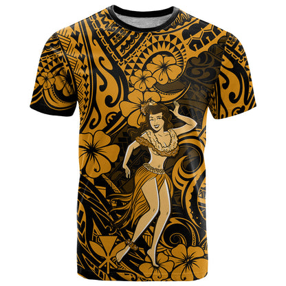 Hawaii Hula Girl T-Shirt Polynesian Pattern Gold Version Graphic Tee