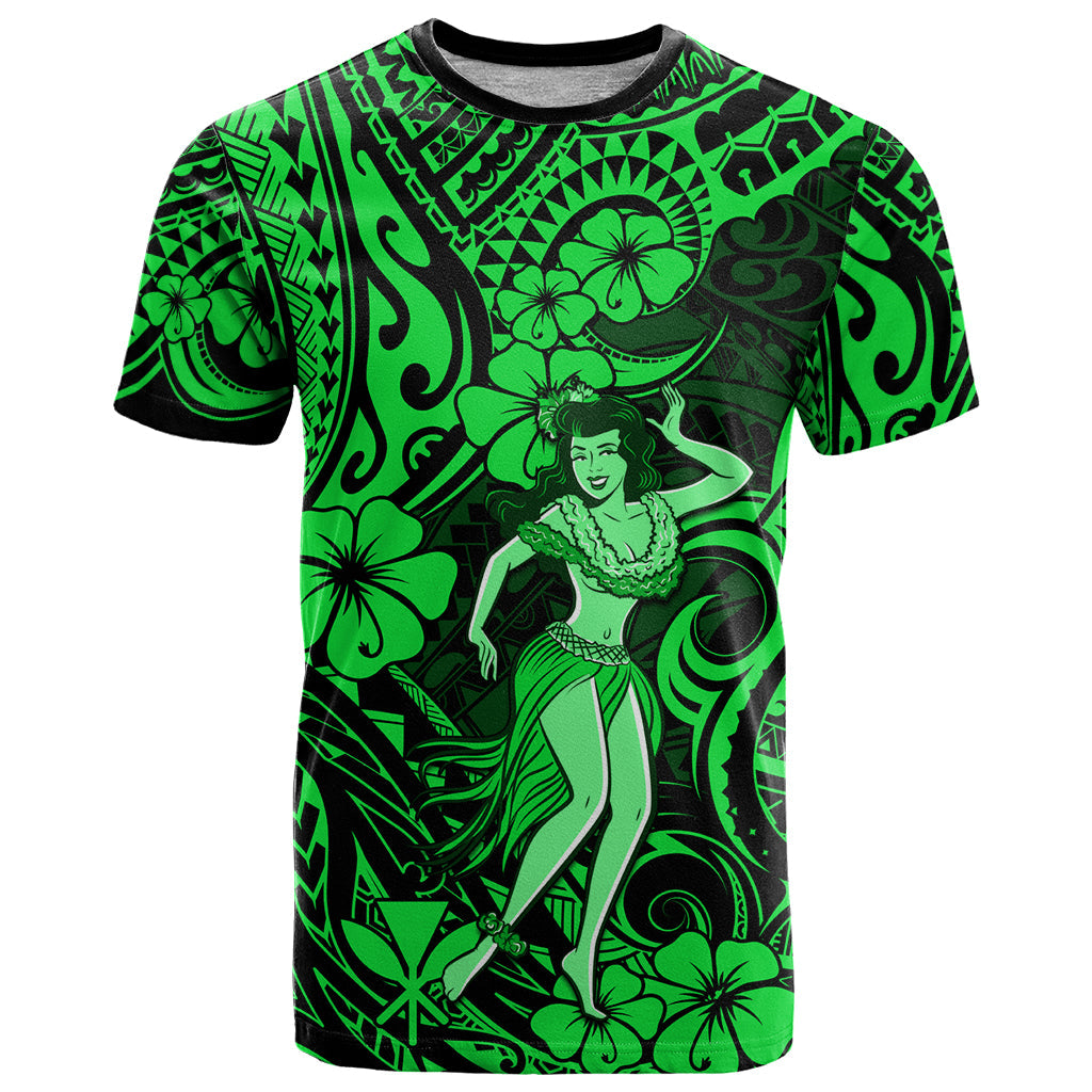Hawaii Hula Girl T-Shirt Polynesian Pattern Green Version Graphic Tee