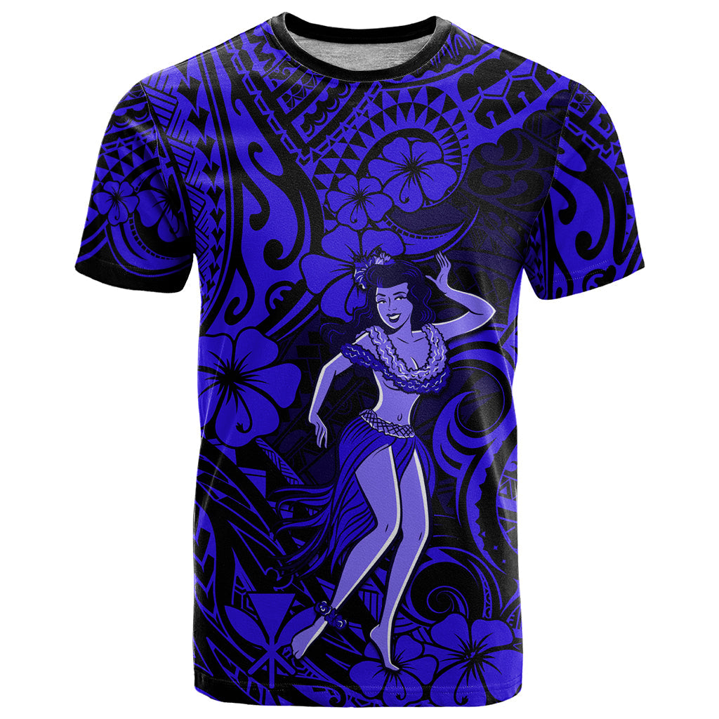 Hawaii Hula Girl T-Shirt Polynesian Pattern Navy Blue Version Graphic Tee
