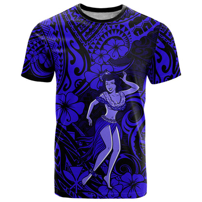 Hawaii Hula Girl T-Shirt Polynesian Pattern Navy Blue Version Graphic Tee