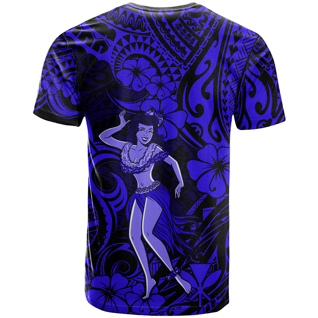 Hawaii Hula Girl T-Shirt Polynesian Pattern Navy Blue Version Graphic Tee