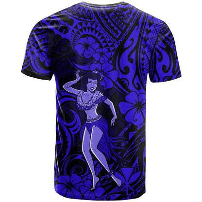Hawaii Hula Girl T-Shirt Polynesian Pattern Navy Blue Version Graphic Tee