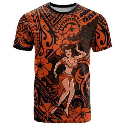 Hawaii Hula Girl T-Shirt Polynesian Pattern Orange Version Graphic Tee