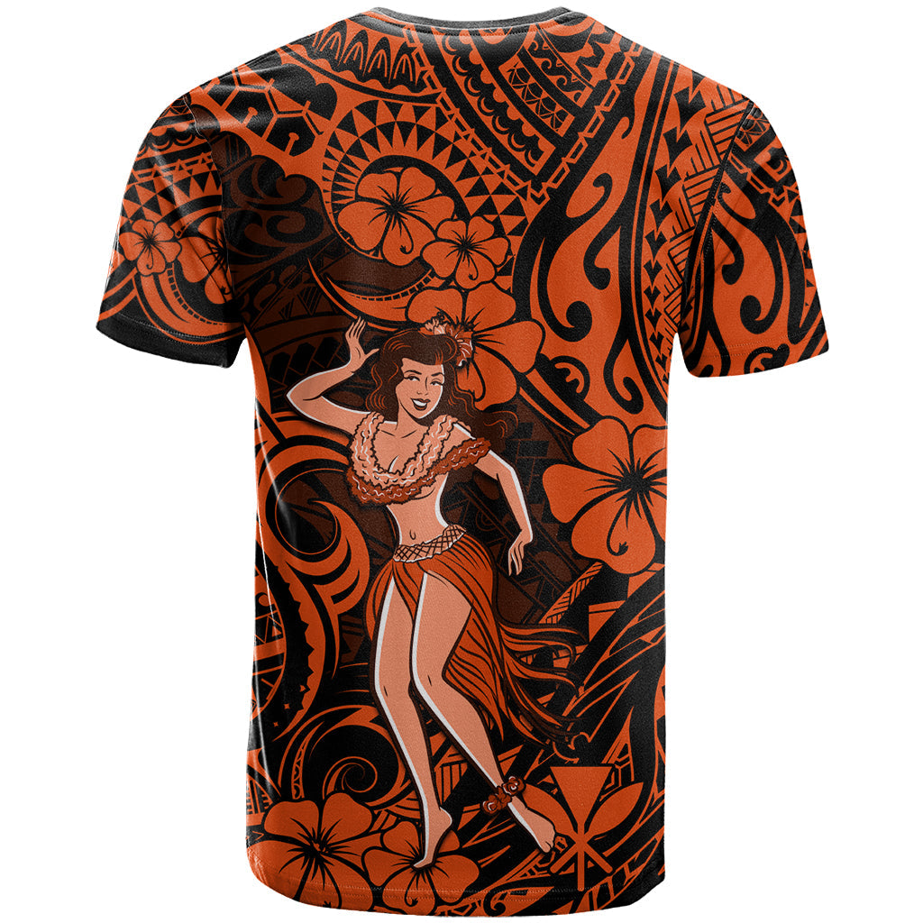 Hawaii Hula Girl T-Shirt Polynesian Pattern Orange Version Graphic Tee