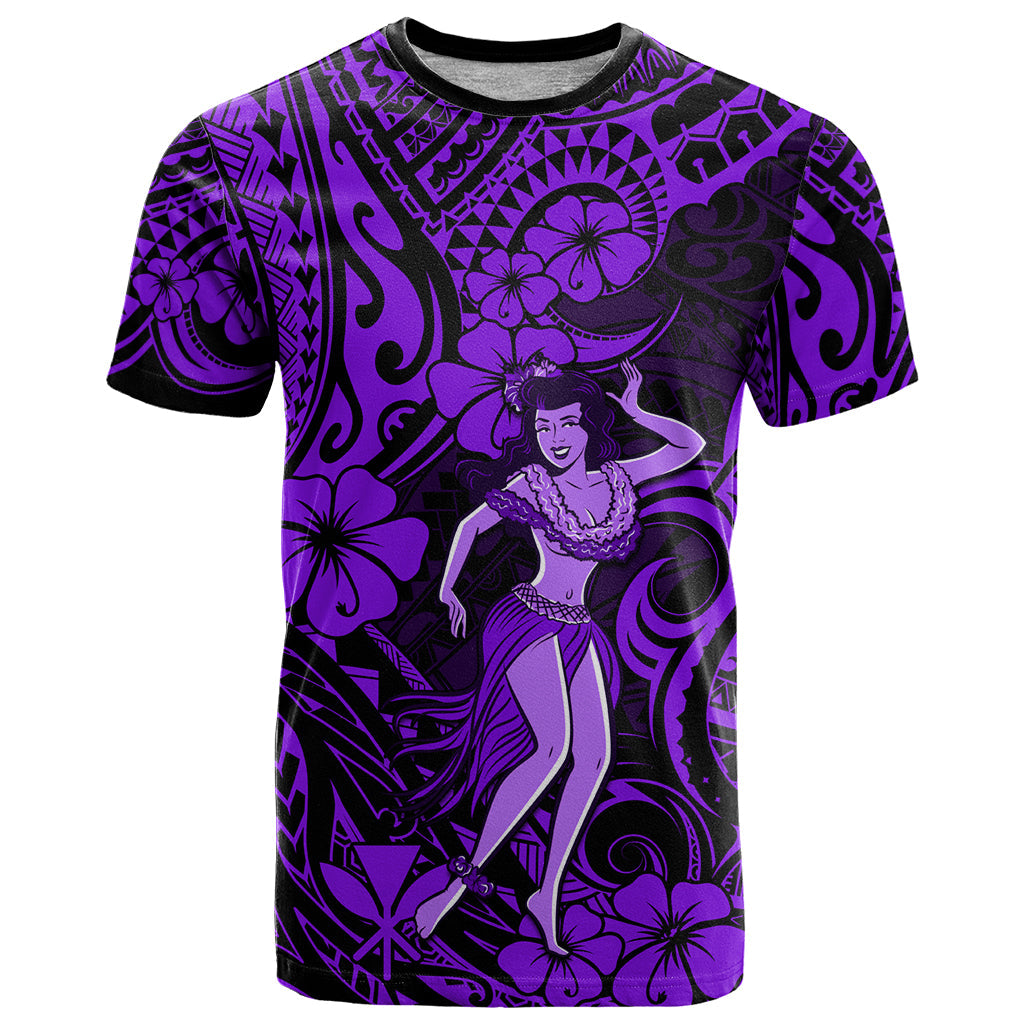 Hawaii Hula Girl T-Shirt Hibiscus Hawaii Tribal Tattoo Purple Version Graphic Tee