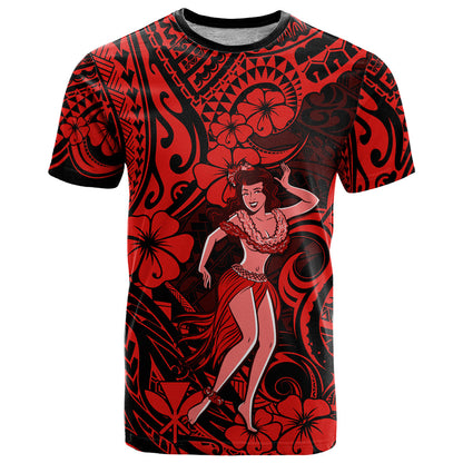 Hawaii Hula Girl T-Shirt Hibiscus Hawaii Tribal Tattoo Red Version Graphic Tee