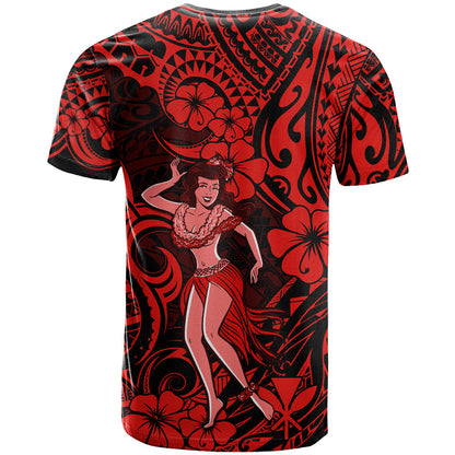 Hawaii Hula Girl T-Shirt Hibiscus Hawaii Tribal Tattoo Red Version Graphic Tee