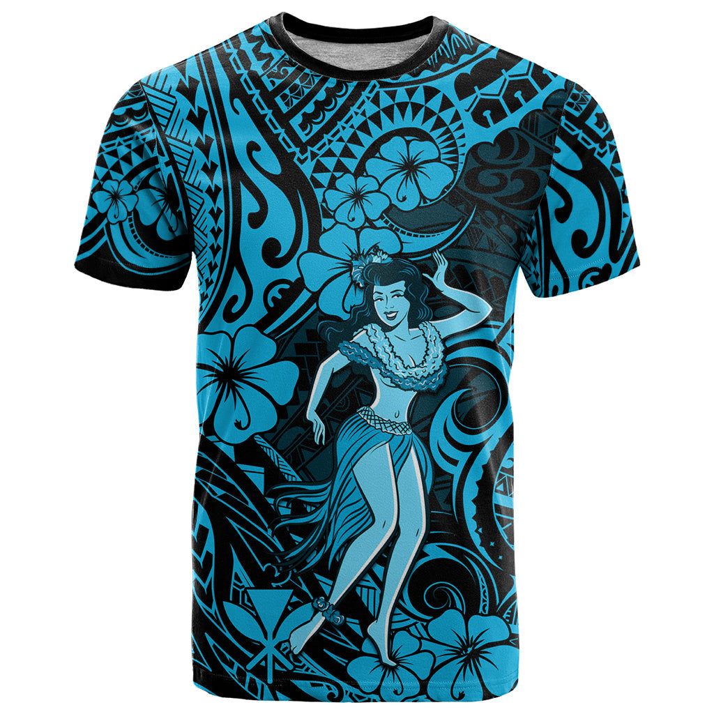 Hawaii Hula Girl T-Shirt Hibiscus Hawaii Tribal Tattoo Sky Blue Version Graphic Tee