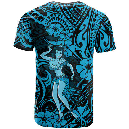Hawaii Hula Girl T-Shirt Hibiscus Hawaii Tribal Tattoo Sky Blue Version Graphic Tee