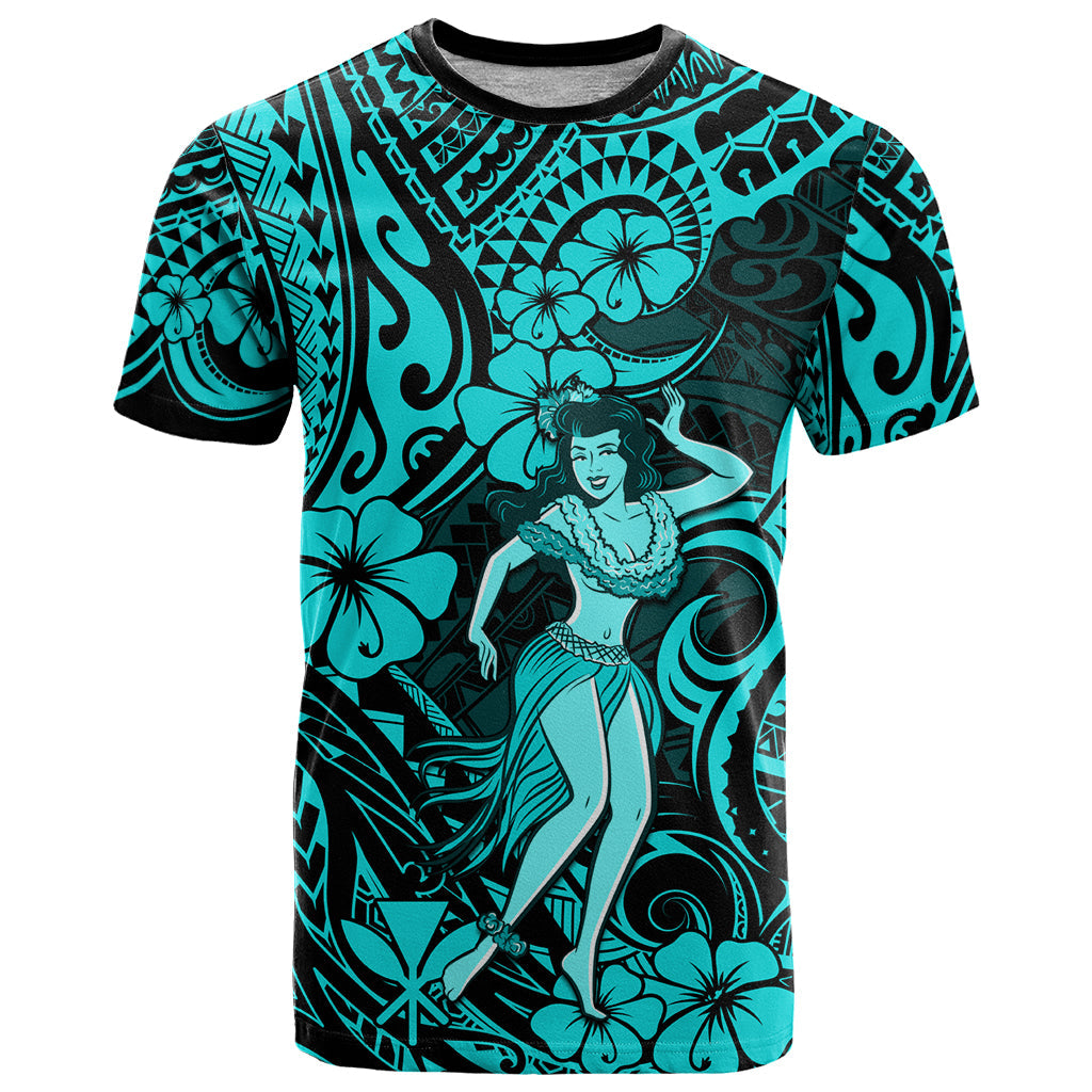 Hawaii Hula Girl T-Shirt Hibiscus Hawaii Tribal Tattoo Turquoise Version Graphic Tee