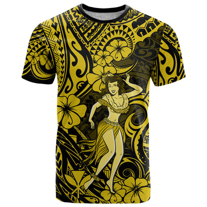 Hawaii Hula Girl T-Shirt Hibiscus Hawaii Tribal Tattoo Yellow Version Graphic Tee