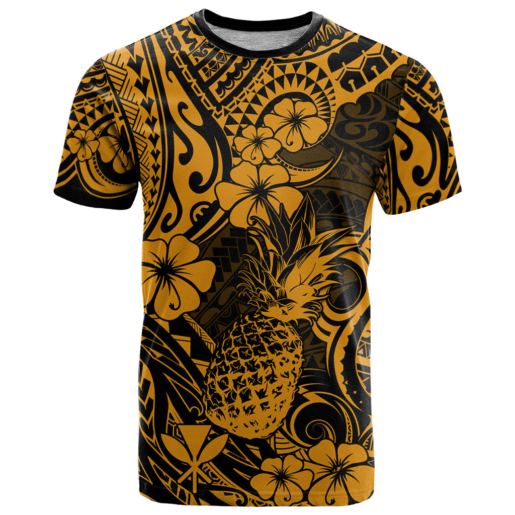 Hawaii Pineapple T-Shirt Paradise Flowers Pacific With Gold Polynesian Tribal Graphic Tee
