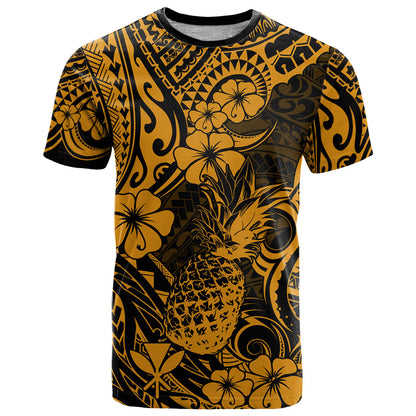 Hawaii Pineapple T-Shirt Paradise Flowers Pacific With Gold Polynesian Tribal Graphic Tee