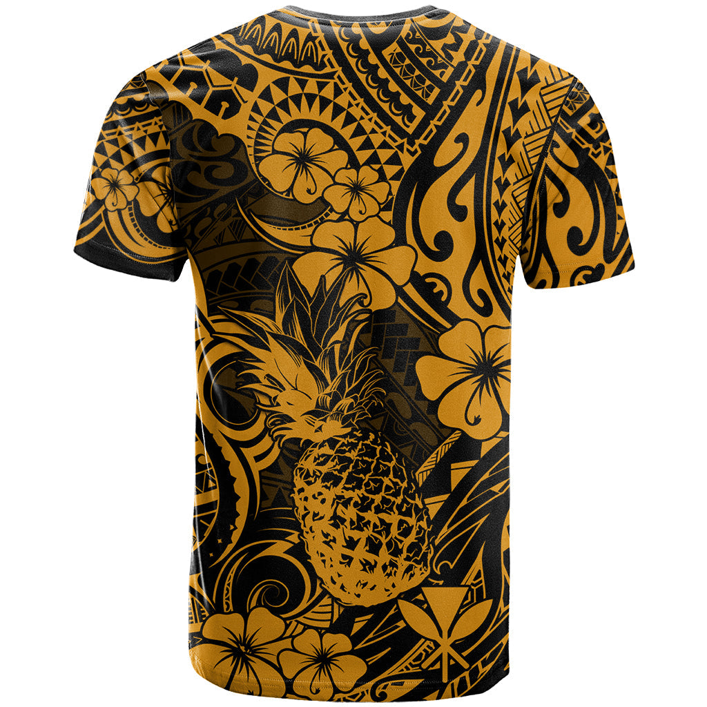 Hawaii Pineapple T-Shirt Paradise Flowers Pacific With Gold Polynesian Tribal Graphic Tee