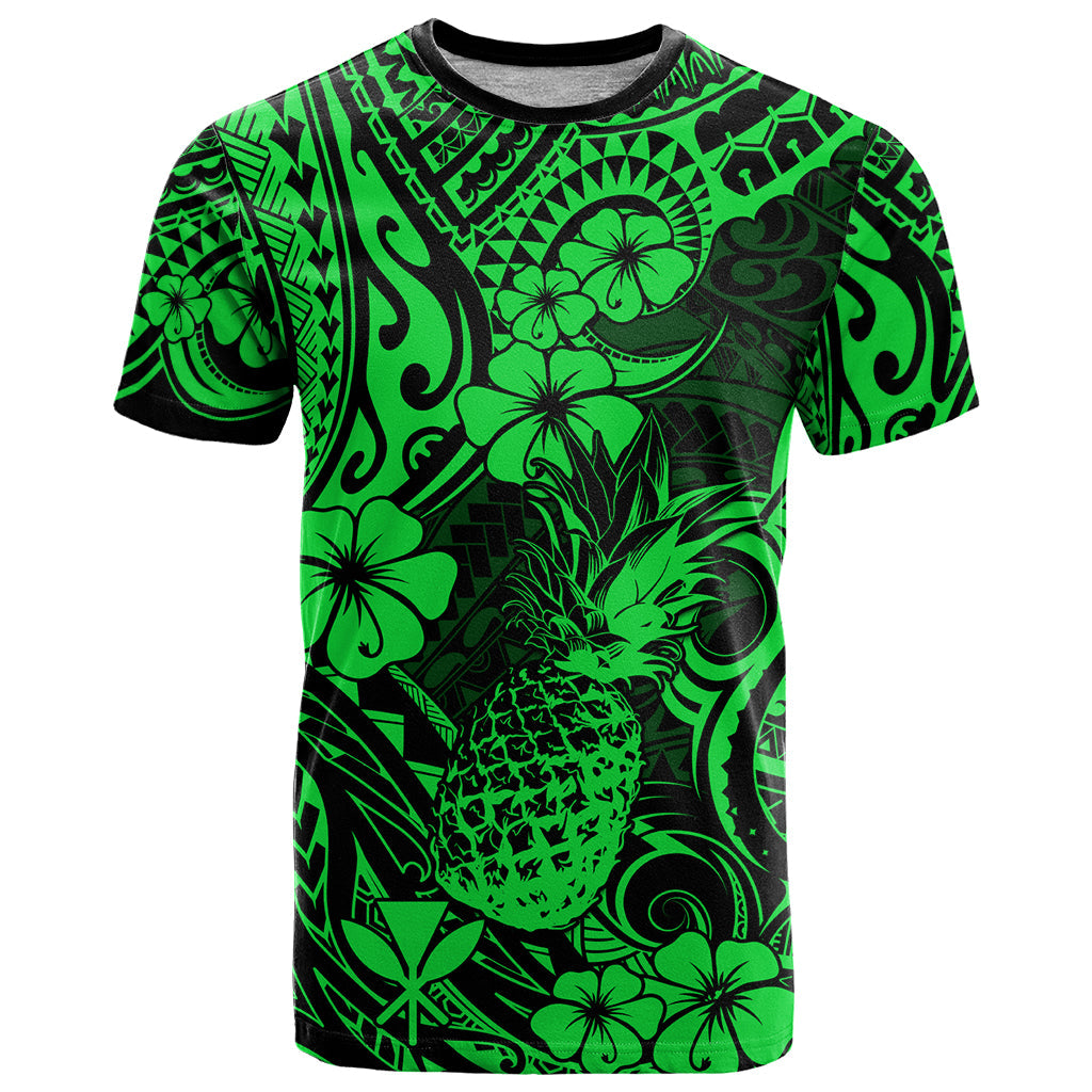 Hawaii Pineapple T-Shirt Paradise Flowers Pacific With Green Polynesian Tribal Graphic Tee